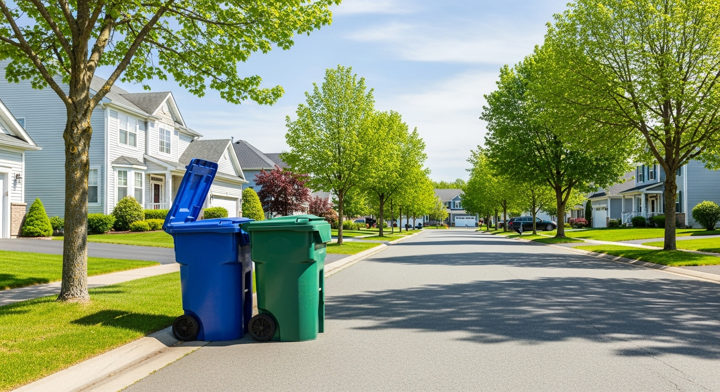 Garbage bins on a sunny suburban street